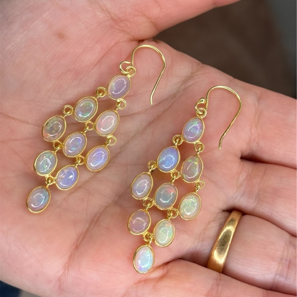 Ethiopian Opal Earrings • 2” Dangle • 925 Silver 18K Gold Plated • Handmade - Picture 5 of 10
